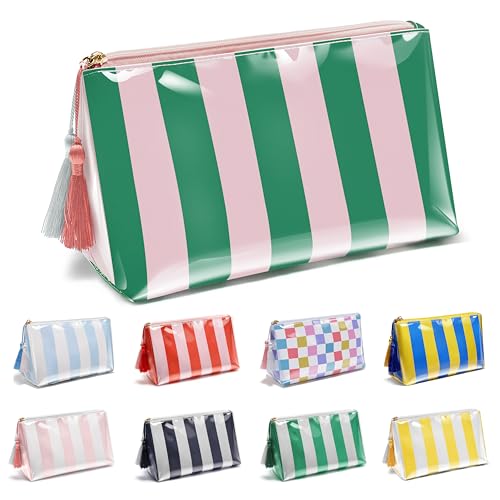 PVC Waterproof Makeup Bag, Large Clear Coated Cosmetic Bags for Women Girls, Travel Makeup Bag for Purse Organizer Zipper Pouch Beach Summer Vacation Essentials Gifts for Women - color: Green+Pink Striped, size: Small(9.84in*4.33in*5.91in)