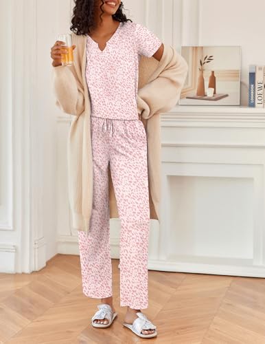 Ekouaer 2 Piece Womens Pajamas Short Sleeve Top and Long Pants Pjs Set Printed Sleepwear with Pocket - color: A Rose Pink Leopard, size: Medium
