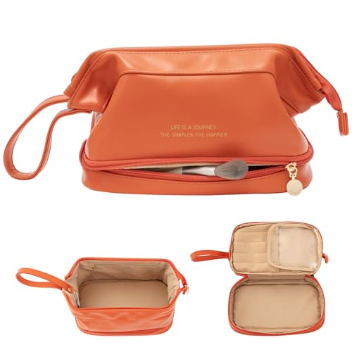 Abiudeng Large Capacity Makeup Bag Ladies Cosmetic Bag Travel Bag with Compartments Portable PU Leather Travel Makeup Bag with Handle - color: Orange