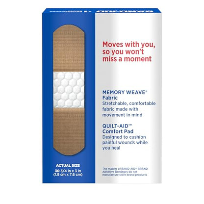Band-Aid Brand Flexible Fabric Adhesive Bandages, Comfortable Flexible Protection & Wound Care of Minor Cuts & Scrapes, Quilt-Aid Technology to Cushion Painful Wounds, All One Size, 30 ct - size: 30 Count, style: All One Size