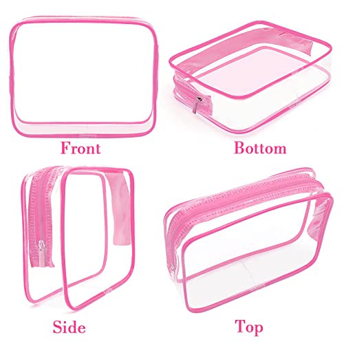 APREUTY Clear Makeup Bags, TSA Approved 6 Pcs Cosmetic Makeup Bags Set Clear PVC with Zipper Handle Portable Travel Luggage Pouch Airport Airline Vacation Organization (Rose Red) - color: Rose Red-6PCS(Large+Medium+Small)