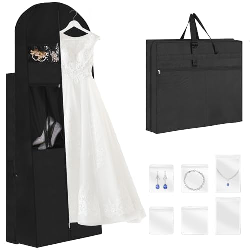 Wedding Dress Garment Bag,72" Tri-Fold Bridal Gown Bag with 6 Pouches and Adjustable Buckle Gown Cover for Wedding/Prom/Travel/Closet Storage (Black) - color: Black
