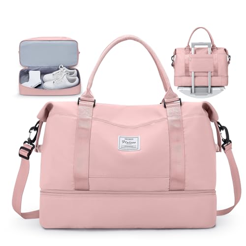 Travel Duffel Bag with Shoes Compartment, Overnight Weekender Bags for Women,Carry on Personal Item Bag - color: A-Pink, size: Large