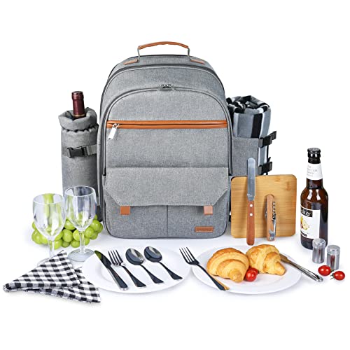 Sunflora Insulated Picnic Backpack for 2 Person Bag with Cooler Compartment, Wine Pouch, Blanket and Stainless Steel Cutlery Set for Couple, Lovers and Friends (Grey) - color: Gray, size: 2 person