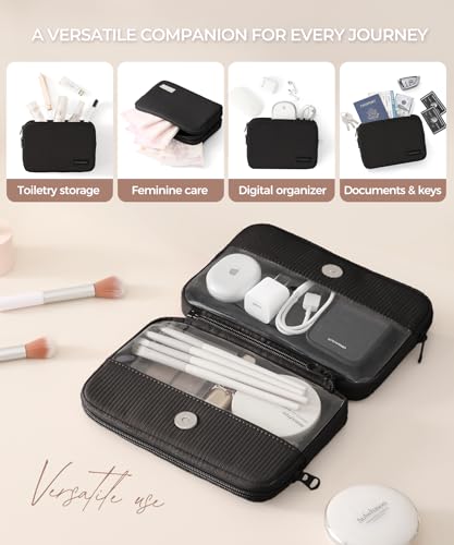 Preppy Makeup Bag, Rectangle Double Detachable Cosmetic Organizer, Clear Side Panel Portable Travel Pouches for In-Flight Essentials, Beauty & Tech Accessories, Gift for Women - color: Black
