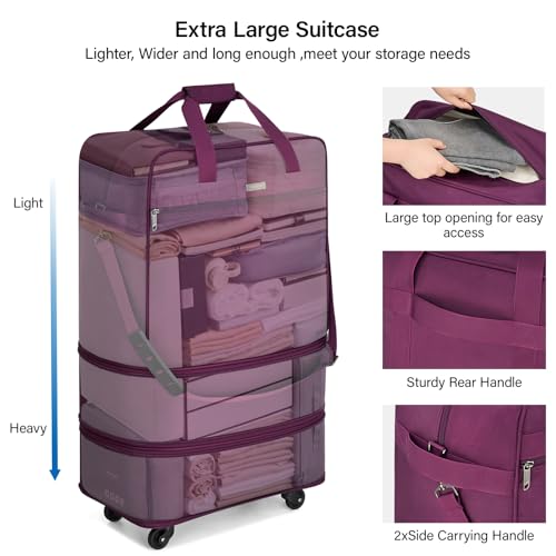 Hanke Suitcases with Wheels Expandable Foldable Luggage Bag Suitcase Collapsible Rolling Travel Bag Duffel Bag for Men Women Lightweight Suitcases without Telescoping Handle, Purple - color: Purple Upgrade Version