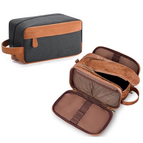 Elviros Travel Toiletry Bag Gift for Men，Mens Toiletries Bag Gifts Set Shaving Dopp Kit Water-resistant Bathroom Toiletries Organizer PU Leather Cosmetic Bags 2 Pack Brown - color: Brown, size: 2 Pack