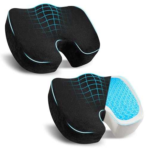 EcoNour Thick Seat Cushions for Tailbone Pain Relief (2 Pack) | Orthopedic Desk Chair Cushion for Office, Gaming Chair & Car Seat | Sciatica & Coccyx & Tail Bone Pain Relief for Long Sitting Elderly - color: Black&blue