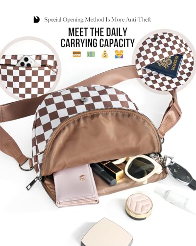 Crescent Bag for Women and Men, Fashion Medium Nylon Folding Crescent Moon Bag Single Shoulder Bag with Adjustable Strap - color: Crossbody bag- Brown Checkered