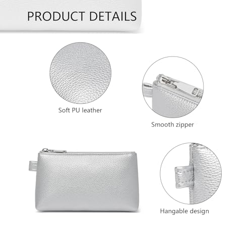 30 Color PU Faux Leather Travel Toiletry Bag for Women, Mini Cosmetic Pouch Organizer with 2 Dividers, Easy Clean Makeup Bag for Purse, Gift Idea (PU Faux Leather/Pearl Silver) - color: PU/Pearl Silver