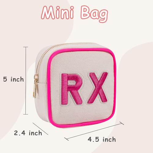 RSRSLEII Small Canvas Rx Medicine Packages, Cute Chenille Letter Patch Drug Makeup Bag with Metal Zipper, Mini Travel First Aid Purse Organizer Machine Washable (02Hot Pink) - color: 02Hot Pink