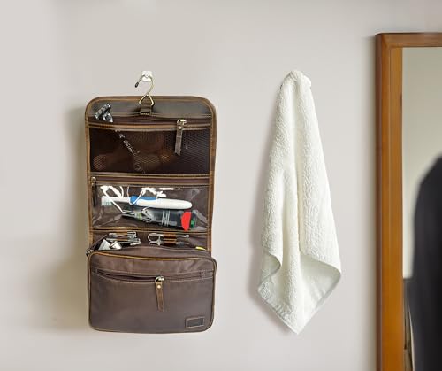 RUSTIC TOWN Leather Hanging Toiletry Bag for Men - Travel Shaving Dopp Kit - Bathroom Shower Toiletries Organizer - Leather Cosmetic Makeup Bag for Women - color: Brown