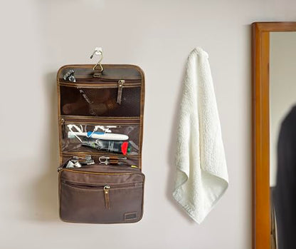 RUSTIC TOWN Leather Hanging Toiletry Bag for Men - Travel Shaving Dopp Kit - Bathroom Shower Toiletries Organizer - Leather Cosmetic Makeup Bag for Women - color: Brown