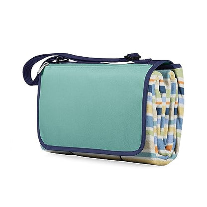 PICNIC TIME Outdoor Picnic Blanket Tote, 59"x51" Foldable Beach & Camping Blanket with Soft Fleece, Water-Resistant Bottom, Adjustable Strap & Zippered Pocket (St. Tropez - Sky Blue, Multi Stripe) - color: St. Tropez