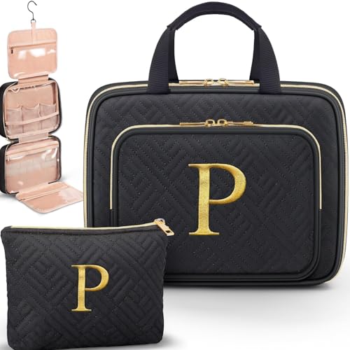 Gifts for Women, Initial Toiletry Makeup Bag Hanging Cosmetic Organizer with Embroidery Letter Personalized Nurse Teacher Appreciation Birthday Mothers Day Gifts for Mom Sister Wife Friends Auntie Her - style: P