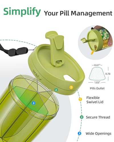 PULIV Large Pill Bottle Organizer, Supplement Organizer for Holding 6 Various Vitamins, Pill Box Case with Anti-Mixing & Wide Opening Design, Easy to Retrieve Meds and 20 Pcs Stick-on Labels, Green - color: Green