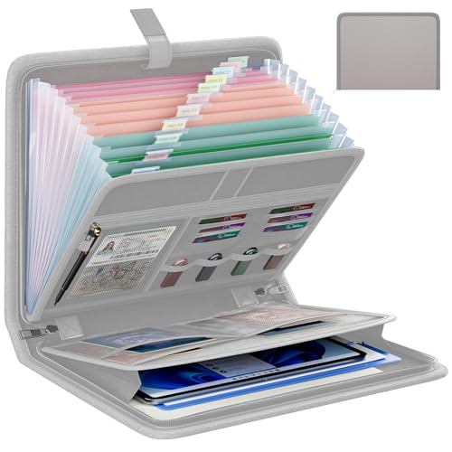 Fireproof Accordion File Organizer, Portable Expanding File Folder with Waterproof Zipper&Labels, Gray Document Organizer with 13 Pockets, File Organizer for Important Document/Paper Storage - color: Gray