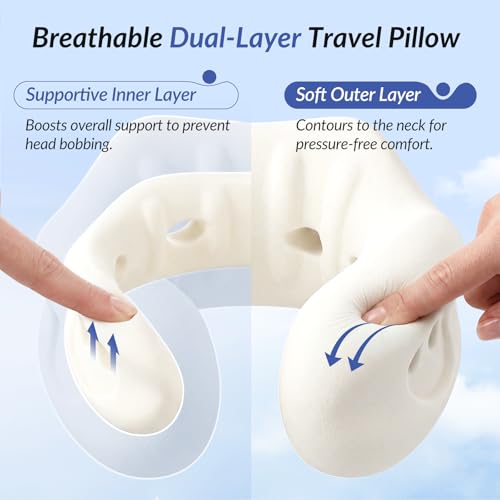 ZIKEE Dual-Layer Memory Foam Neck Pillow for Airplane, Travel Pillow with Seat Straps to Secure Head & Neck, Ergonomic Ear-Friendly Neck Pillow for Traveling with Breathable Vent Holes, Airy Cover