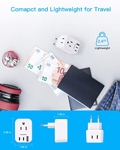 European Travel Plug Adapter USB C, HANYCONY International Plug Adapter, US to Europe Adapter Plug 2 Outlets 3 USB Ports(2 C Port), Type C Power Adapter to Italy Spain France Portugal Iceland Germany - style: Type C - Most of Europe