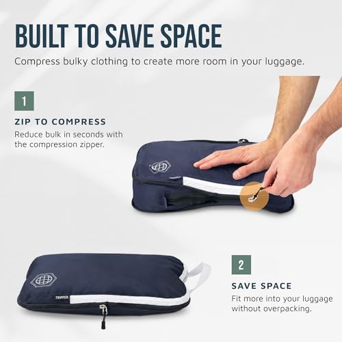 Large Compression Packing Cubes for Travel-Packing Cube Luggage Organizers 7 Piece Set for Checked Luggage-Ultralight, Expandable/Compression Bags by TRIPPED Travel Gear (Navy/White) - color: Navy/White