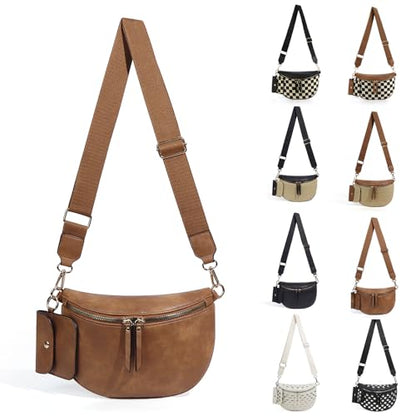 Checkered Crossbody Bag for Women Nylon Bum Bag Spacious Fanny Pack Adjustable Strap Lightweight Travel Everyday Purse Water Resistant Handbag (Solid Brown) - color: Solid Brown