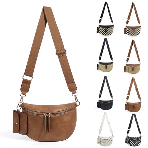 Checkered Crossbody Bag for Women Nylon Bum Bag Spacious Fanny Pack Adjustable Strap Lightweight Travel Everyday Purse Water Resistant Handbag (Solid Brown) - color: Solid Brown