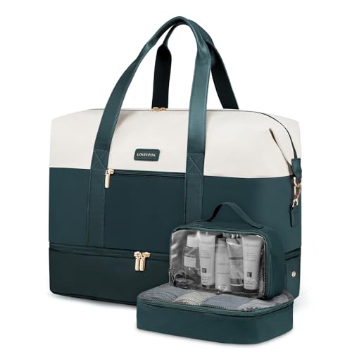 LOVEVOOK Weekender Bag for Women, Large Duffle Bag for Travel with 2 Packing Cubes, Carry on Overnight Bag with Shoe Compartment, Mom Hospital Bags for Labor and Delivery - color: Dark green-Beige, size: 56L-3Pcs