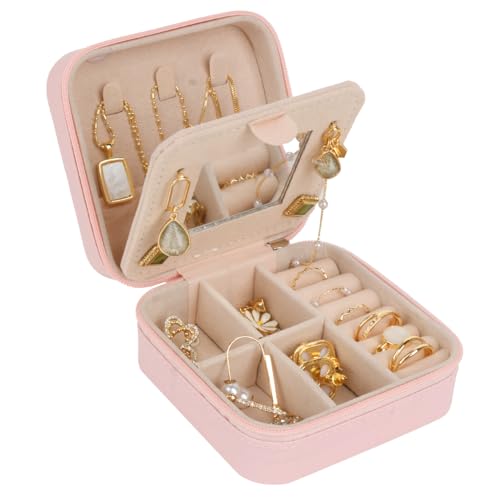 OceeK Travel Jewelry Case Box Organizer with Mirror,Travel Jewelry Box Holder Stocking Stuffers,Pink,1 Pack - color: Pink, size: 3.9x3.9 With mirror