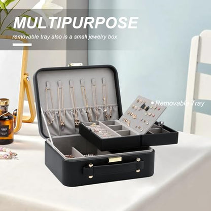 Travel Jewelry Box Jewelry Storage Case Jewelry Suitcase for Women and Men 2 Layer Jewelry Organizer Box with Removable Tray (Black) - color: Black-2