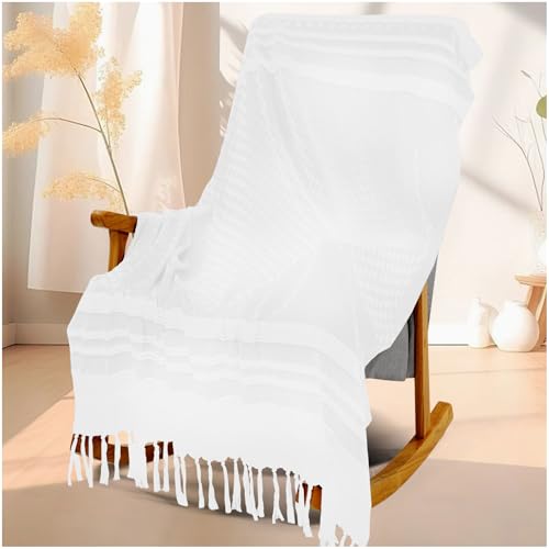Genovega Large Summer Throw Blanket Boho Neutral Decor Bed Couch Sofa Chair Decorative Lightweight Mexican Boho Cotton White Cream Ivory Big Light Linen Tan Cute Woven Gauze Thin Bohemian Manta para - color: Cream, size: Extra Large 50''x68''