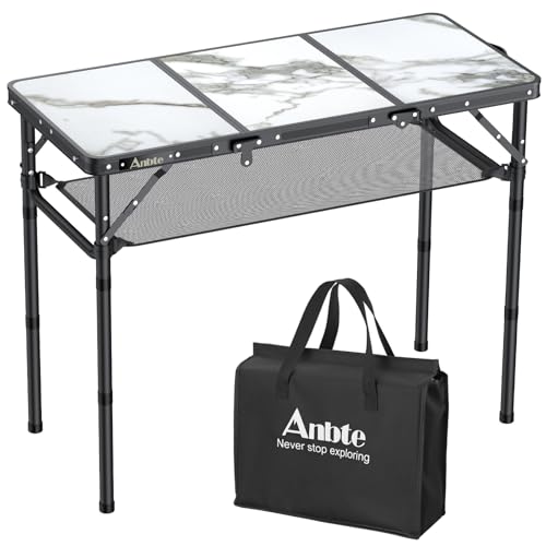Anbte Folding Camping Table, Aluminum Small Folding Table 3 Adjustable Height Max 27.5", Portable Table with Carry Handle, Lightweight, for Outdoor Indoor Travel Camping Picnic BBQ, 34.6" x 15.7" - color: White Marble Pattern