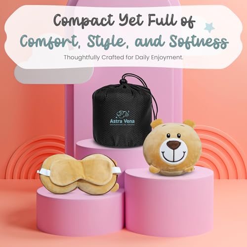 Child Travel Sleep Mask and Pillow Set - 2 in 1 Cute Character Design for Kids Rest, Naps and Relaxation. Soft Comfort with Bag Cover, Perfect for Flights, Car Trips 15cm - color: Brown