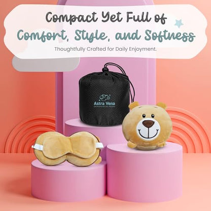 Child Travel Sleep Mask and Pillow Set - 2 in 1 Cute Character Design for Kids Rest, Naps and Relaxation. Soft Comfort with Bag Cover, Perfect for Flights, Car Trips 15cm - color: Brown