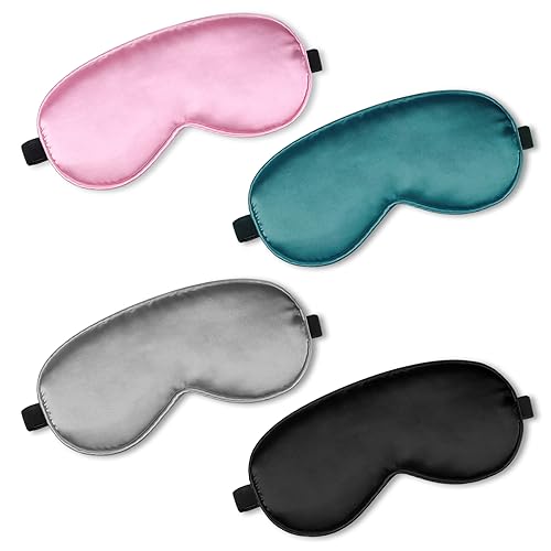 BBTO 4 Pcs Silk Sleep Eye Masks Smooth Soft Satin Eye Covers with Adjustable Strap Blindfold for Sleeping Blocking Out Lights Travel Relaxation (Black, Grey, Dark Green, Pink) - color: Black, Grey, Dark Green, Pink