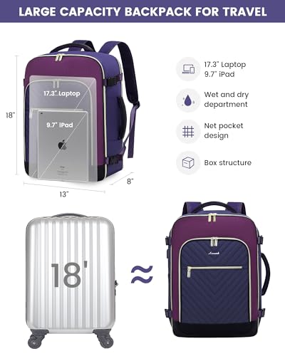 LOVEVOOK Large Travel Backpack for Women, TSA Carry on Backpack for Airplanes, 40L Personal Item Travel Bag for Women fits 17" Laptop,Waterproof Carry on Bag Airplane Approved with 3 Packing Cubes - color: Blue Purple - Purple - Black, size: 40L-4Pcs
