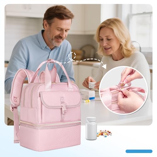 Fasrom Medicine Travel Bag Backpack with Insulated Compartment & Waterproof Mat, Double Layer Pill Bottle Organizer for Prescription, Vitamins and Medical Supplies, Pink (Empty Bag Only) - color: Pink