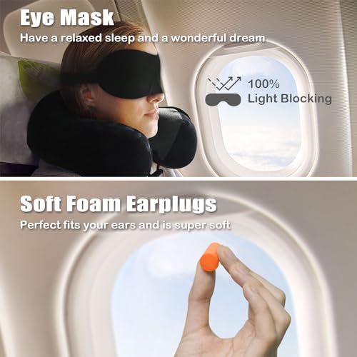 Travel Pillow, Memory Foam Neck Pillow for Traveling, U Shape Neck Pillow Airplane Portable Flight Pillow Travel Kit with 5D Contoured Eye Masks and Earplug for Plane Train Car Home Office - color: Black