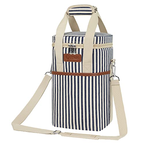 Opux 4 Bottle Insulated Wine Cooler Bag - Portable, Leakproof Padded Carrier for Travel, Picnic, BYOB - Navy White Stripe - color: Stripe Navy, size: 4 Bottle