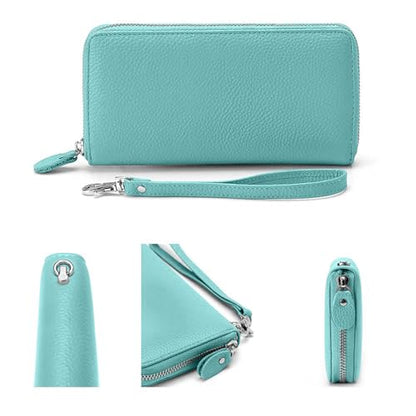 Moflycom Womens Wallet RFID Blocking Genuine Leather Zip Around Wallet Clutch Wristlet Travel Long Purse for Women - color: Teal Blue