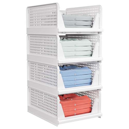 caktraie 4 Pack Stackable Closet Storage Basket - Stackable Storage Bins, Multifunctional & Foldable Closet Organizer Divided, Wardrobe Cupboard Space-Saving Clothes Storage Hat Organizer, White - size: 4 Pack White