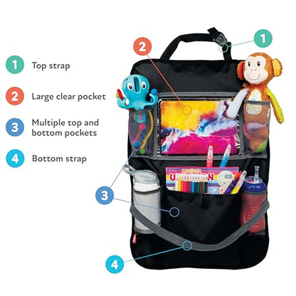 Nuby Backseat Car Organizer Set: Organizer with Tablet Holder, Storage Pockets and 5 Linkable Hooks for Attaching Accessories | Easy to Clean Black