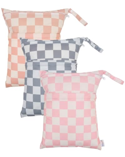ALVA ALVABABY 3pcs Medium Cloth Diaper Wet Dry Bags Waterproof Reusable with Two Zippered Pockets Travel Beach Pool Daycare Soiled Baby Items Yoga Gym Bag for Swimsuits or Wet Clothes 3L-ZM47 - color: Creamy Checkerboard Collection