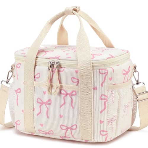 LOIDOU Lunch Box for Women Men Insulated Corduroy Lunch Bag Cooler Leakproof Reusable Adult Lunchbox Adjustable Strap lunch tote for Work Office Beach Picnic (Beige Bow) - color: Beige Bow