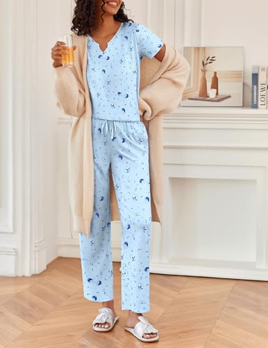 Ekouaer 2 Piece Womens Pajamas Short Sleeve Top and Long Pants Pjs Set Printed Sleepwear with Pocket - color: Blue Moon, size: Large