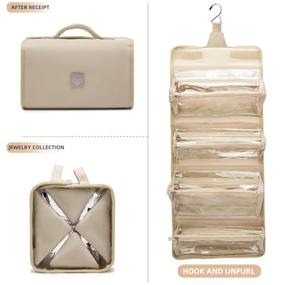 ROYALFAIR Roll Up Makeup Bag, Travel Toiletry Bag for Women with 4 Clear TSA Approved Pouches, Hanging Travel Organizer, Folding Cosmetic Bag for Men and Women - color: khaki