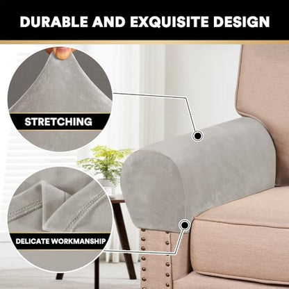 PrinceDeco 2 Pack Thick Velvet Stretch Armrest Covers for Chairs and Sofas Armchair Covers for Arms Couch Arm Covers Armrest Covers for Sofa Non Slip, Oatmeal - color: Oatmeal