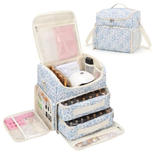 CUBETASTIC Extra Large Nail Polish Organizer Case Holds 86 to 100+ Bottles Nail Polish & Nail Lamp, Nail Supplies Storage Carrying Bag with 2 Removable Pouches (Blue Floral, 86 Slots) - color: Blue Floral, size: 86 Slots