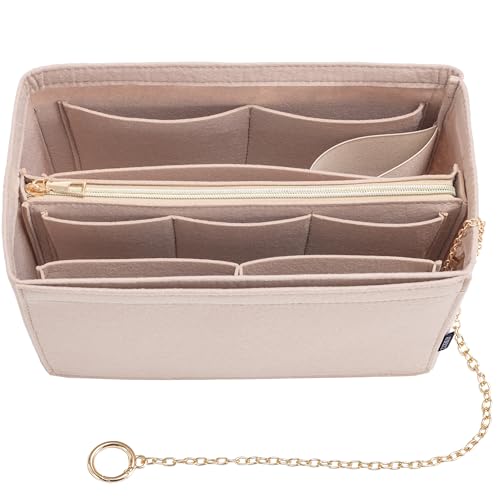 Purse Organizer Insert, Handbag Organizer with Zipper, Tote Shaper with Cup Holder & Keychain, Compatible with LV, Neverfull, MK, COACH, Longchamp, Kate Spade – Khaki-Med - color: Khaki, size: Medium