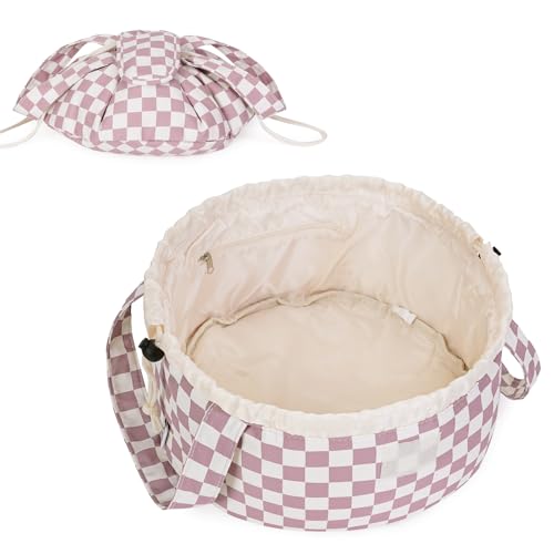 Narwey Barrel Drawstring Checkered Makeup Bag Large Cosmetic Bag Make up Bags Toiletry Bag Travel Bags for Toiletries Organizer for Women Gift for Teen Girls (Dusty Pink Checkerboard) (Patent) - color: Z-Dusty Pink Checkerboard