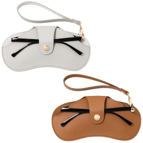 2 Pcs Soft Leather Sunglasses Bags Travel Glasses Storage Case Portable Eyeglasses Pouch with Wrist Strap - color: Grey Brown